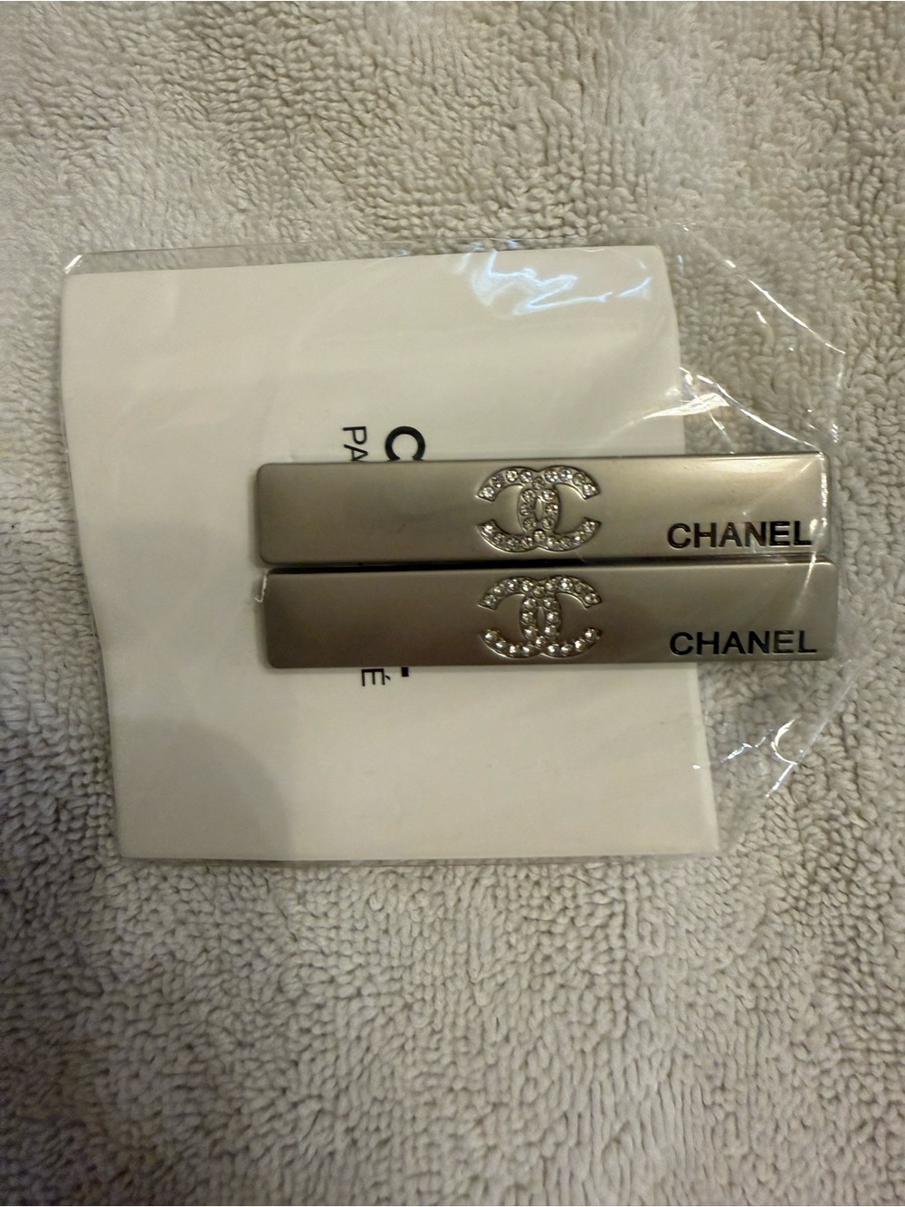 CHANEL Silver Crystal CC Logo Metal Hair Clips, Pair